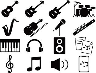 音楽と楽器のアイコン16種セット　モノトーン