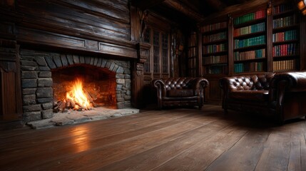 A charming library room features a crackling fireplace and elegant leather sofas, evoking a cozy atmosphere perfect for reading and relaxing by the fire.