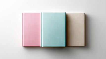 An artistic arrangement of three elegant, pastel-colored books lies on a soft white background, creating a serene and minimalist aesthetic for book lovers and designers.