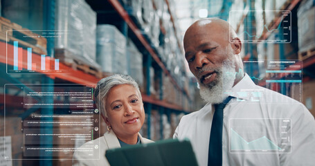 Graphs, overlay or people in warehouse with tablet, inventory or data audit in stock check. Logistics, review or operation manager in depot with tech, stats growth or cost control in supply chain.