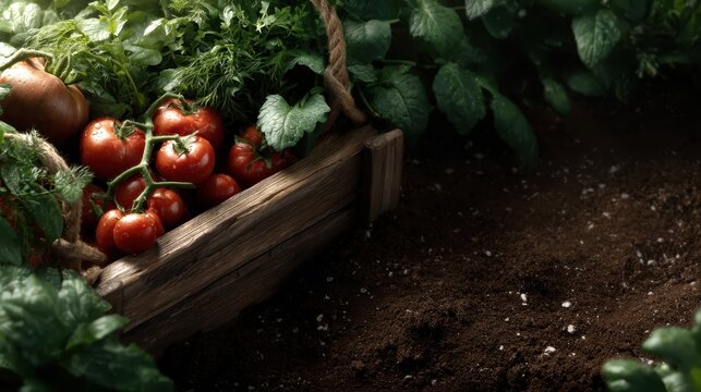 This vibrant image showcases a wooden basket filled with fresh tomatoes and assorted greens, highlighting the beauty of organic produce in a garden setting.