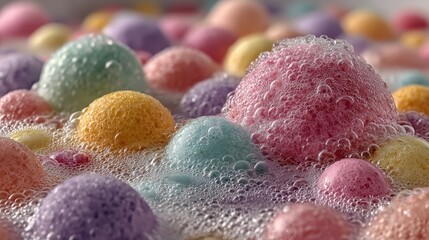 A mesmerizing close-up of multi-colored bubbles floating in a bubbly bath, creating a playful and relaxing atmosphere that invites tranquility and indulgence in self-care.
