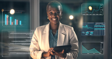 Night, portrait and black woman with tablet, hologram and graphs with financial advisor. Evening, African person or investor in office, tech or charts for wealth management, revenue data or increase