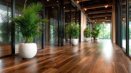 An upscale office hallway featuring stylish interior design, large glass windows, and decorative indoor plants, reflecting a blend of modernism and nature.
