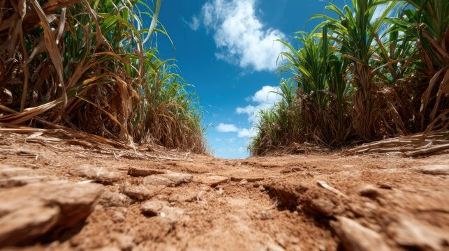 A picturesque view of a lush sugarcane field, framed by blue skies and soft clouds, capturing the essence of rural agriculture and nature's tranquility.