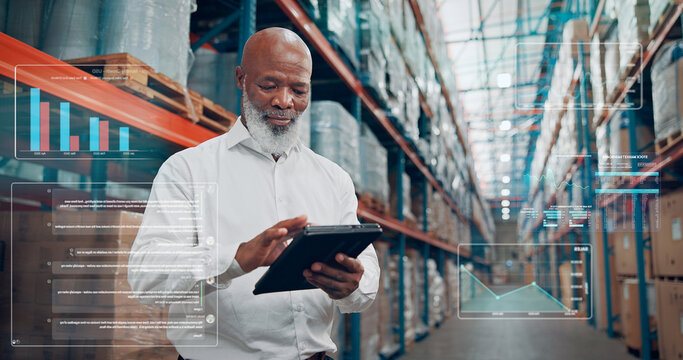 Shipping, tablet and black man with overlay in warehouse for data, inventory metrics or stock. Technology, mature person and logistics app for planning storage, distribution chart or supply chain
