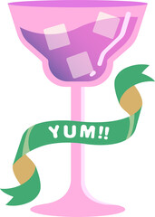 illustration of cocktail party, celebration with sparkling glasses with yummy ribbon bow text.