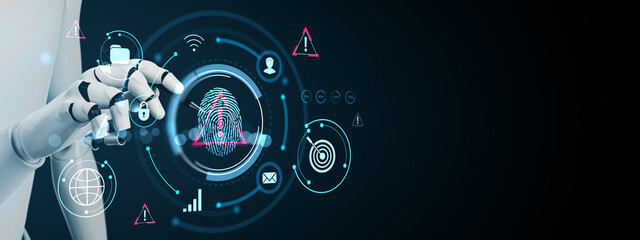 Robot hand accessing fingerprint biometric interface with digital security elements on futuristic dark background, light and cyber protection concept. 3D Rendering