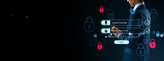 Businessman using digital login interface with username and password fields on futuristic dark background with copyspace concept.