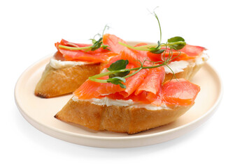 Tasty bruschettas with salmon, cream cheese and microgreens isolated on white