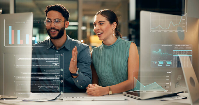 Stock exchange, overlay or business people with pc for data analysis, late market research or teamwork. Investment growth, computer or brokers talk for trade choice, revenue charts or graphs at night