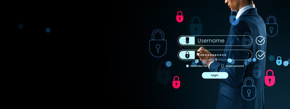 Businessman using digital login interface with username and password fields on futuristic dark background with copyspace concept.