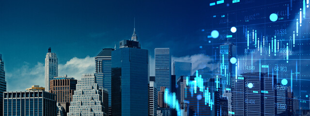 Modern city skyline with financial data charts overlay symbolizing economic growth, investment...