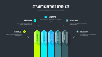 Service Plan 5 Element Diagram Frame Layout. Enterprise Introduction Five Step Infographic Slide Design. Product Visualization Slideshow Template Vector Illustration.