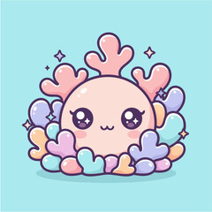 Charming Kawaii Coral Creature Illustration with Sparkling Watery Elements and Pastel Hues
