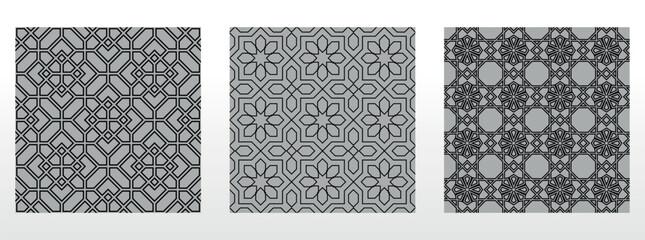 Geometric set of seamless black and gray patterns. Simple vector graphics