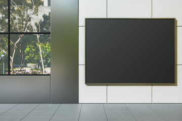 Blank black signage mockup on modern tiled wall with natural light from window and clean background for creative branding presentation. 3D Rendering