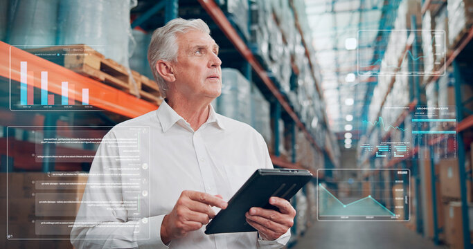 Thinking, tablet and man with overlay in warehouse for logistics data, inventory metrics or stock. Technology, mature person and shipping app for planning storage, distribution chart or inspection