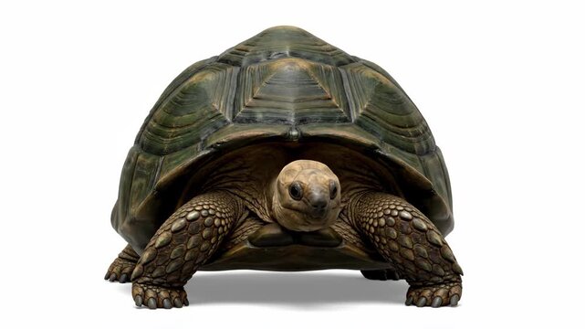 Giant land tortoise looking forward on an isolated white background.