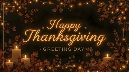 A warm, festive "Happy Thanksgiving Greeting Day" graphic with glowing script text, framed by dark floral borders, leaves, and strings of twinkling fairy lights on a black background.