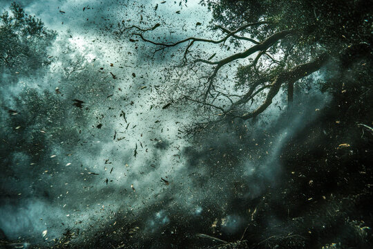Strong winds whip through the forest as branches sway violently, creating a dramatic scene filled with swirling debris and dark clouds