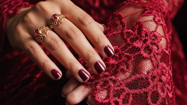 Elegant woman&rsquo;s hand adorned with ruby gemstone rings and dark nail polish on red lace fabric