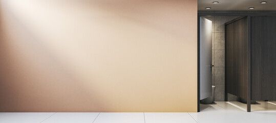 Naklejka na ściany i meble Modern restroom interior with blank beige wall and open toilet stall door under ceiling lights, ideal for signage or poster mockup template. 3D Rendering