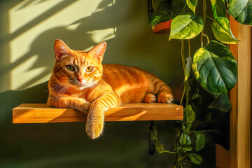 An orange tabby cat relaxes on a wooden shelf, bathed in sunlight, while lush green plants create a serene atmosphere around it