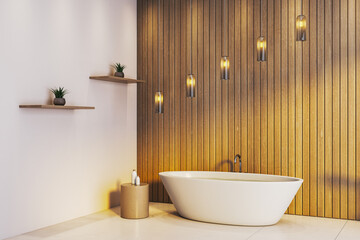 Modern minimalist bathroom interior with wooden panel wall, pendant lights, freestanding bathtub, and floating shelves with small plants. 3D Rendering