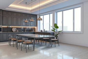 Modern minimalist kitchen interior with wooden cabinets, dining table, large windows, and natural lighting in a spacious indoor room. 3D Rendering