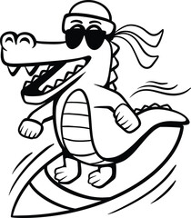 A cartoon black and white alligator wearing sunglasses and a headband, happily surfing on a surfboard.