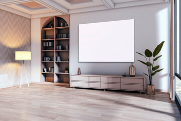 Modern interior room with blank canvas on wall and elegant furniture under natural light, ideal for design or branding mockup presentation. 3D Rendering