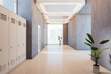Modern empty hallway interior with lockers, abstract ceiling lights, large window and potted plants...