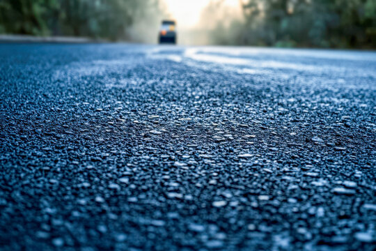 Sunlight glimmers on the wet asphalt of a quiet road in the early morning as a car approaches in the distance, surrounded by trees