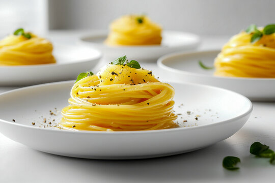 Twirls of golden spaghetti sit neatly on elegant plates, garnished with herbs and pepper, creating an inviting dining experience