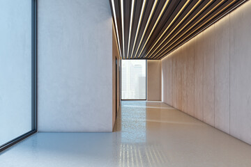 Modern empty hallway with sleek ceiling lights, textured walls, and large window showcasing city...
