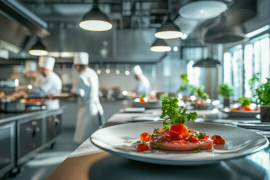 Plates of beautifully arranged food shine in a sleek kitchen as chefs skillfully create delightful culinary masterpieces