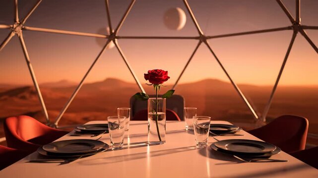 Red rose standing in a glass vase on a white table inside a futuristic geodesic dome, offering a romantic view of the barren mars landscape during sunset, symbolizing love in space