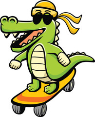 Obraz premium A cool cartoon alligator wearing sunglasses and a yellow headband, riding a skateboard with a big smile.