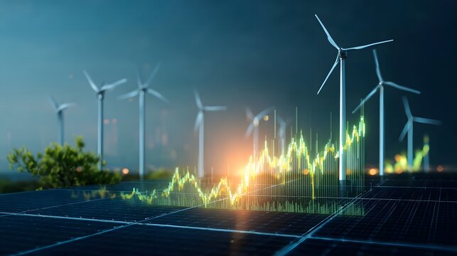 Renewable energy investment and stock market performance with solar panels and windmills