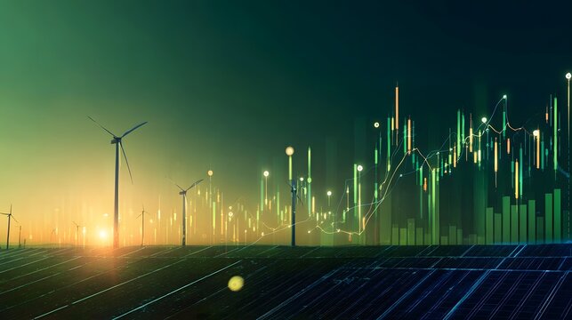 Renewable Energy Growth Concept with Wind Turbines, Solar Panels and Financial Data Chart - Powered by Adobe