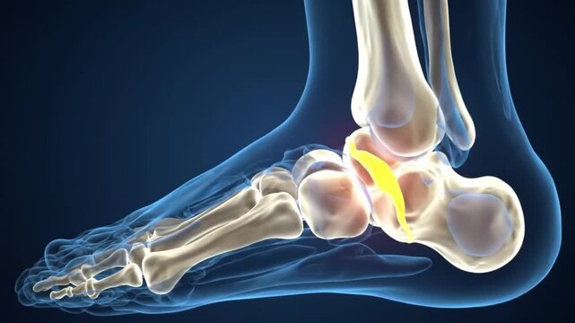 Animated Foot Anatomy Detailed Skeletal Structure and Ligament Visualization on Blue Background