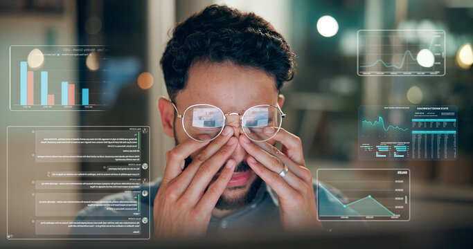 Overlay, eye strain or man in office at night, graph or spreadsheet mistake in report. Bokeh, glasses or financial analyst in agency with vision fatigue, trading prep or investment loss in overtime.