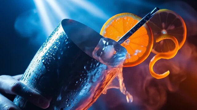 Bartender pouring a refreshing cocktail with ice and orange slices in a vibrant bar setting.