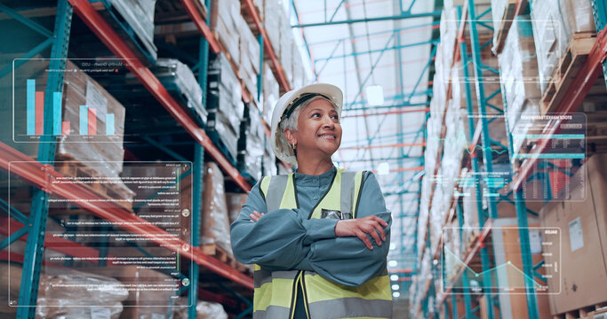 Thinking, woman and smile in warehouse with arms crossed for logistics, supply chain and stats overlay. Confident, mature person and reflection in factory with graphs, distribution and shipping info. - Powered by Adobe