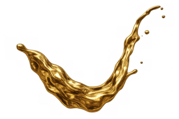 Liquid gold splashing, depicting luxury and wealth, flowing shiny precious metal element on transparent background