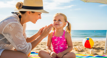 Happy mother applying sunscreen lotion on daughter face on beach, summer vacation