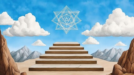 Pixelated Desert Landscape Featuring Stone Stairs Leading to a Star Under Cloudy Sky and Mountain Range in the Background