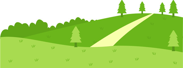 Cartoon green field view with hills and paths