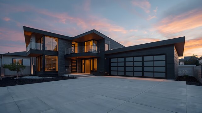 Modern architectural masterpiece with dramatic angled rooflines and expansive glass windows illuminated against a vibrant sunset sky